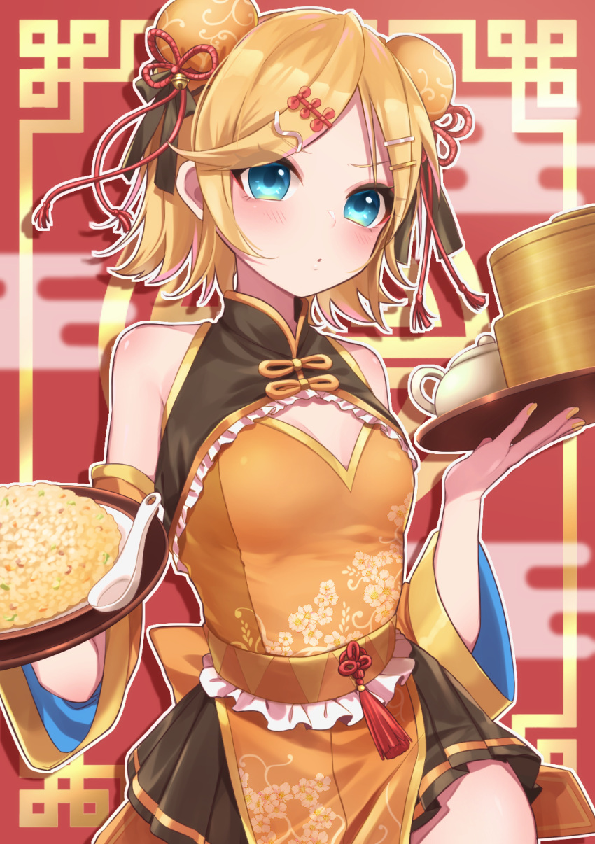 1girl aqua_eyes bamboo_steamer bangs bell black_skirt blonde_hair blush china_dress chinese_clothes chinese_spoon commentary double_bun dress egasumi floral_print food fried_rice gold_trim hair_ornament hair_ribbon hairclip highres holding holding_tray kagamine_rin looking_at_viewer miniskirt nail_polish orange_dress parted_lips pleated_skirt red_background ribbon short_hair skirt solo soramame_pikuto spoon swept_bangs teapot tray upper_body vocaloid yellow_nails