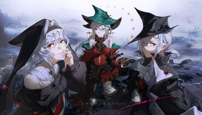 3girls aqua_headwear arknights ascot bangs bare_shoulders black_coat black_dress black_headwear black_neckwear braid breasts chinese_commentary clothing_cutout coat commentary_request copyright_name detached_sleeves dress eyebrows_visible_through_hair gladiia_(arknights) habit hair_between_eyes hand_on_own_face hat highres long_hair long_sleeves looking_at_viewer medium_breasts multiple_girls navel_cutout nun parted_lips pointy_ears red_dress red_eyes silver_hair skadi_(arknights) skadi_the_corrupting_heart_(arknights) smile specter_(arknights) very_long_hair white_neckwear wuwei630