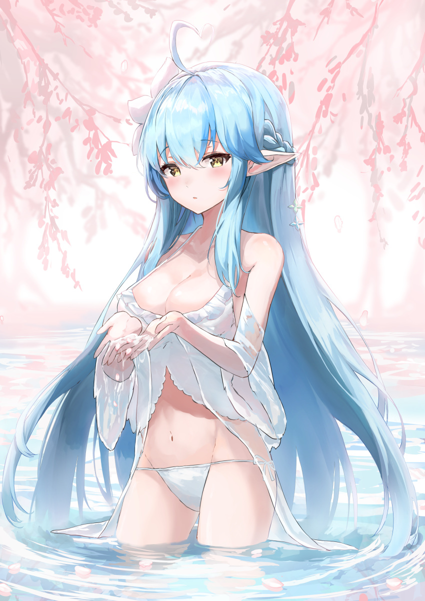 1girl absurdres ahoge bangs bare_shoulders blue_hair braid breasts cherry_blossoms collarbone elf eyebrows_visible_through_hair flower hair_between_eyes hair_flower hair_ornament hands_up highlights highres hololive kabedoru large_breasts long_hair looking_at_viewer multicolored_hair navel open_mouth outdoors pointy_ears solo standing very_long_hair virtual_youtuber water yellow_eyes yukihana_lamy