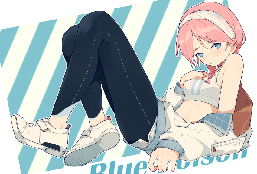 arknights black_pants blue_poison_(arknights) blue_poison_(shoal_beat)_(arknights) character_name choker coldcat. commission ear_piercing full_body hairband highres jacket medium_hair midriff navel o-ring o-ring_choker off_shoulder pants piercing pink_choker pink_hair second-party_source shoes shorts sports_bra white_footwear white_hairband white_jacket white_shorts white_sports_bra