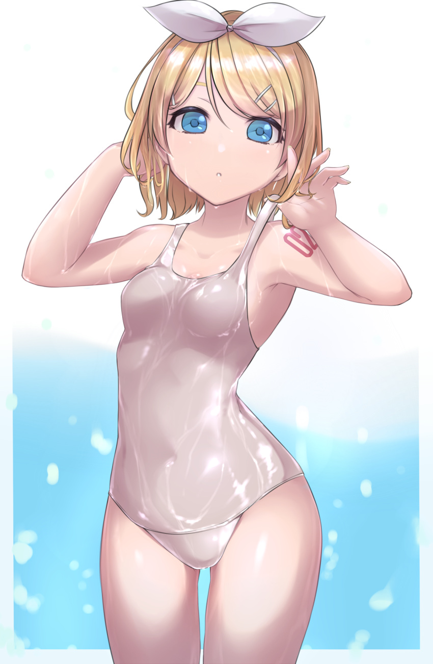 1girl absurdres bangs blonde_hair blue_eyes bow commentary cowboy_shot hair_bow hair_ornament hairclip hands_in_hair hands_up highres kagamine_rin looking_at_viewer one-piece_swimsuit parted_lips saikuu school_swimsuit short_hair shoulder_tattoo solo standing swept_bangs swimsuit tattoo thigh_gap vocaloid wet wet_clothes white_bow white_swimsuit wide_hips