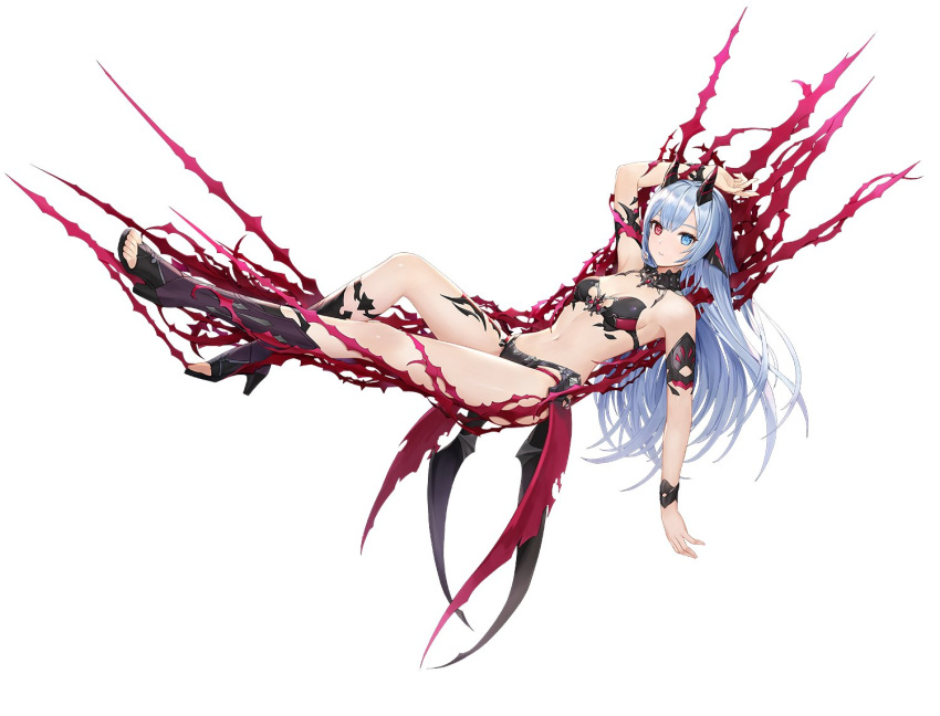 1girl arm_up armlet armpits bare_shoulders black_footwear blue_eyes blue_hair bracelet breasts demon_horns detached_collar full_body heterochromia high_heels horns jewelry kara_(king's_raid) king's_raid long_hair looking_at_viewer lying navel official_art on_back parted_lips red_eyes simple_background small_breasts solo stomach thighs toeless_footwear very_long_hair white_background
