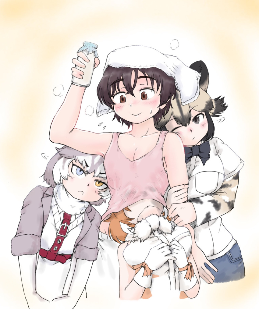 &gt;:( 1boy 3girls :&lt; african_wild_dog_(kemono_friends) african_wild_dog_print animal_ears arm_hug arm_up bare_arms bare_shoulders blue_eyes bottle bow bowtie breast_pocket brown_eyes brown_hair camisole closed_mouth collarbone commentary_request cuddling dhole_(kemono_friends) dog_(mixed_breed)_(kemono_friends) dog_ears dog_girl flustered flying_sweatdrops fur_collar gloves grey_hair harness head_under_clothes heterochromia highres holding holding_bottle jacket kemono_friends kemono_friends_3 layered_sleeves long_sleeves medium_hair milk milk_bottle motion_lines multicolored_hair multiple_girls pocket print_sleeves saja_(166j357) shirt short_hair short_over_long_sleeves short_sleeves sleeveless sleeveless_shirt smile sweater_vest towel towel_on_head two-tone_hair v-shaped_eyebrows white_hair yellow_eyes