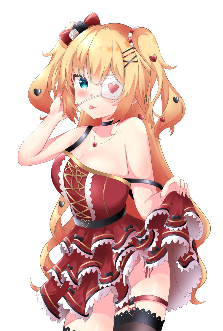 1girl :p akai_haato bangs bare_arms bare_shoulders belt blonde_hair blue_eyes breasts closed_mouth clothes_lift cross-laced_clothes dress dress_lift eyepatch frilled_dress frills garters gothic_lolita hair_between_eyes hair_ornament hairclip heart heart_eyepatch highres hikarin0502 hololive large_breasts lolita_fashion long_hair looking_at_viewer medical_eyepatch red_dress short_dress simple_background sleeveless sleeveless_dress smile solo strap_slip thigh-highs tongue tongue_out two_side_up very_long_hair virtual_youtuber white_background white_eyepatch x_hair_ornament