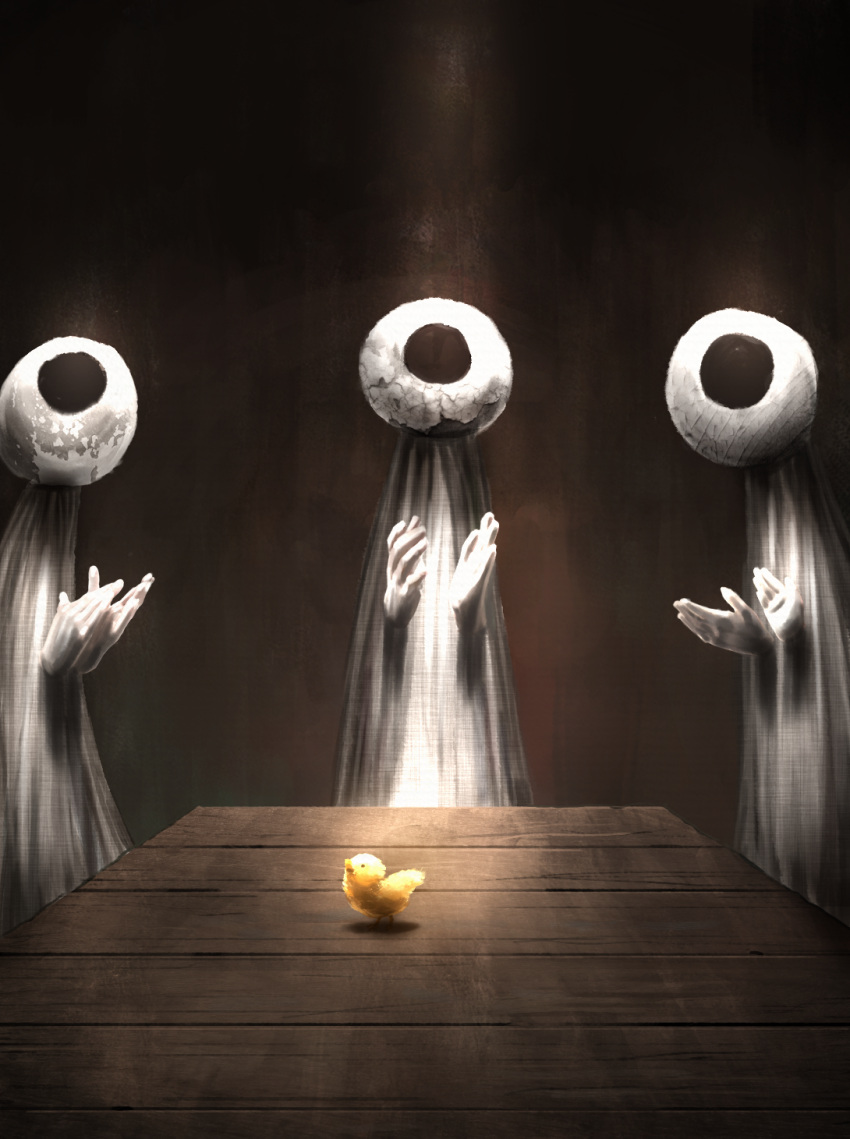 3others bibitto_(kemushima3) bird black_eyes chick clapping commentary_request cowboy_shot eyeball highres multiple_others original surreal table white_robe