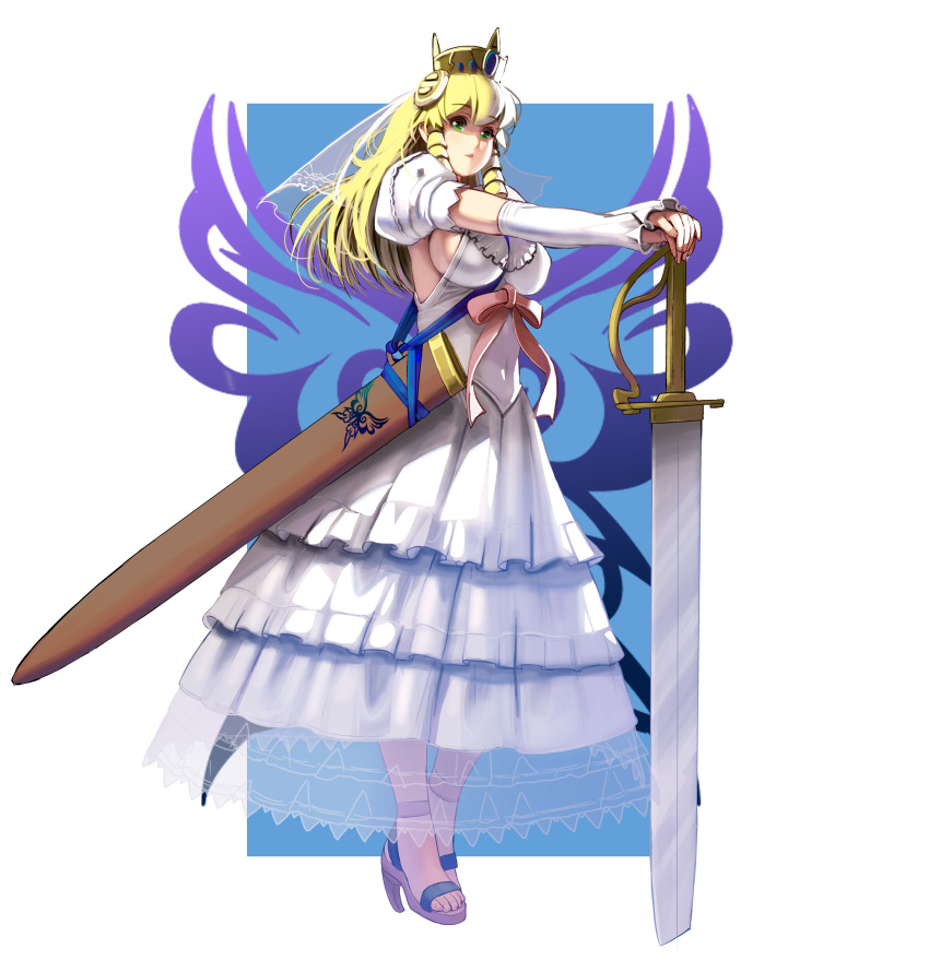 1girl absurdres bangs blonde_hair blue_eyes border bow breasts crown detached_sleeves dress drill_hair eyebrows_visible_through_hair full_body green_eyes high_heels highres large_breasts long_hair low-cut_armhole masao original outside_border pink_bow princess puffy_short_sleeves puffy_sleeves scabbard sheath short_sleeves sideboob solo standing sword twin_drills veil weapon white_border white_dress