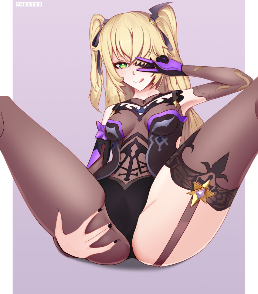 1girl absurdres artist_name bare_shoulders black_gloves black_nails blonde_hair closed_mouth eyepatch fingernails fischl_(genshin_impact) frills garter_straps genshin_impact gloves green_eyes highres long_hair multicolored multicolored_clothes multicolored_gloves nail_polish pantyhose purple_background purple_gloves purple_ribbon ribbon simple_background single_thighhigh solo spread_legs the_atko thigh-highs tongue tongue_out twintails two-tone_gloves v v_over_eye