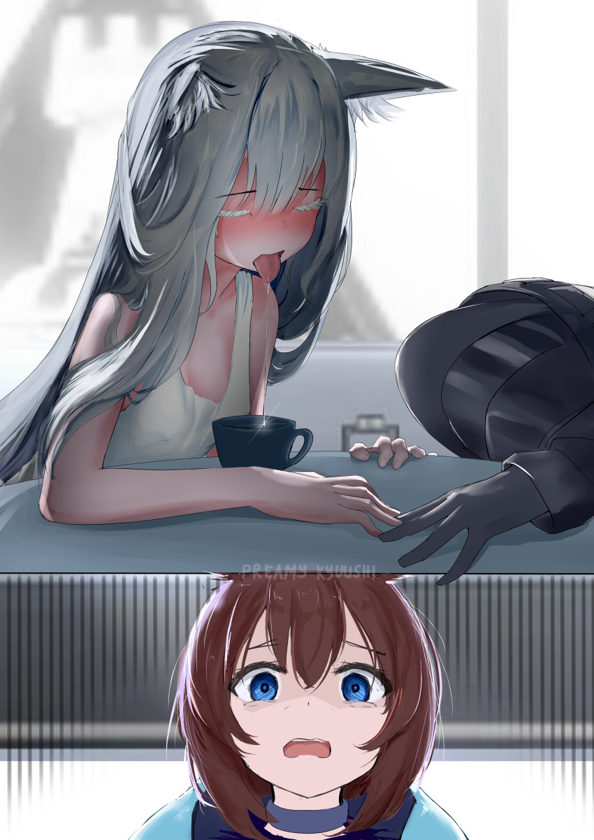 1other 2girls absurdres amiya_(arknights) animal_ear_fluff animal_ears arknights artist_name black_gloves blue_eyes blush brown_hair cat_ears cat_girl closed_mouth cup disgust drooling english_commentary eyelashes flat_chest gloves helmet highres hood indoors long_hair multiple_girls open_mouth preamy_kyuushi rabbit_ears rabbit_girl rhodes_island_logo rosmontis_(arknights) shirt tongue tongue_out white_hair white_shirt
