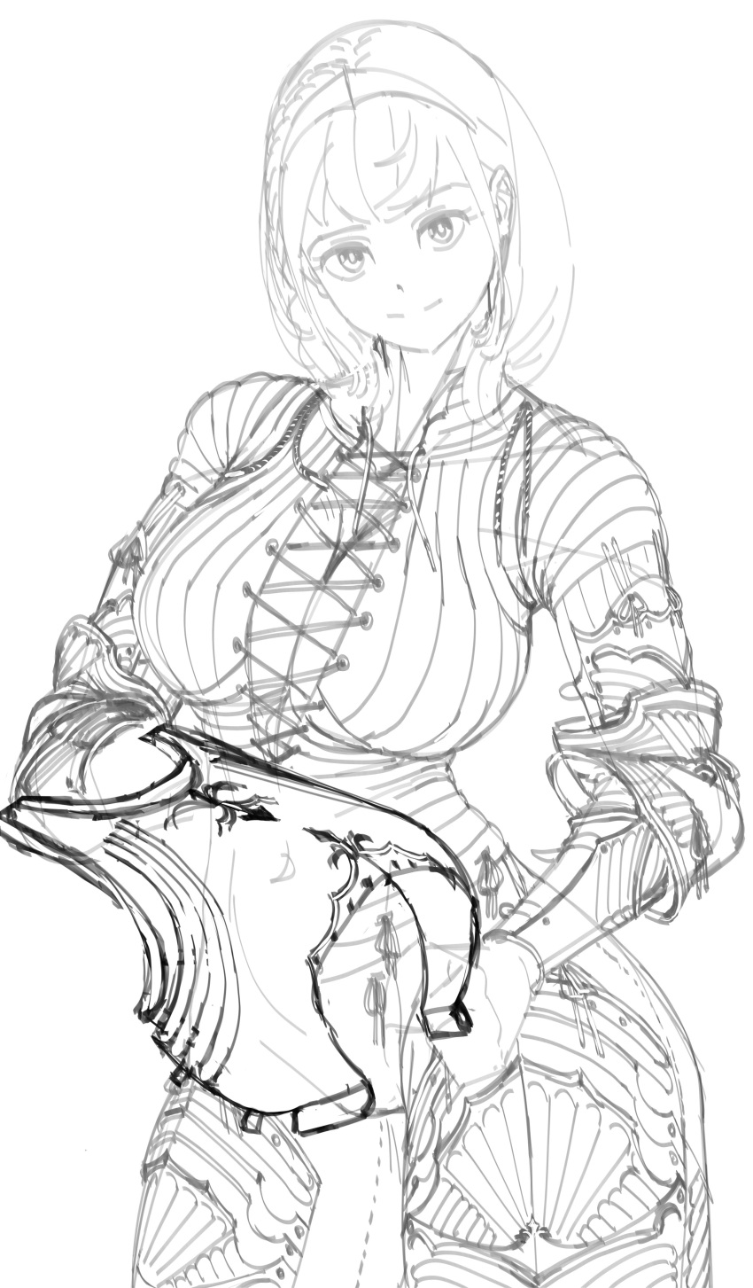 1girl absurdres alternate_costume armor bangs breasts english_commentary fantasy greyscale hair_behind_ear hairband highres holding hololive knight large_breasts leaning_to_the_side medium_hair monochrome shirogane_noel sketch smile solo unfinished virtual_youtuber wassnonnam white_background