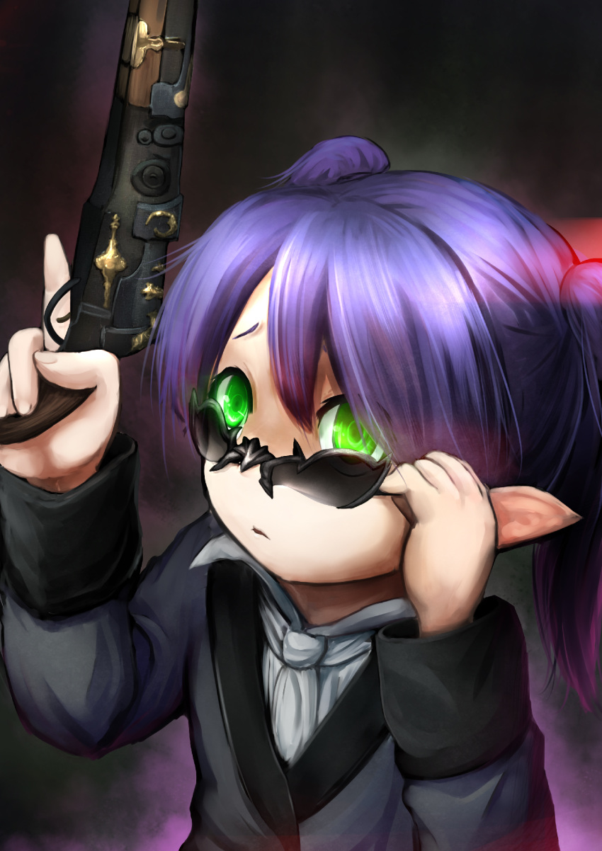 1girl bangs bibitto_(kemushima3) black_jacket closed_mouth commentary_request final_fantasy final_fantasy_xiv formal green_eyes gun hair_between_eyes handgun highres holding holding_gun holding_weapon jacket lalafell long_sleeves looking_at_viewer medium_hair pointy_ears purple_hair shirt short_twintails solo suit sunglasses trigger_discipline twintails upper_body weapon white_shirt