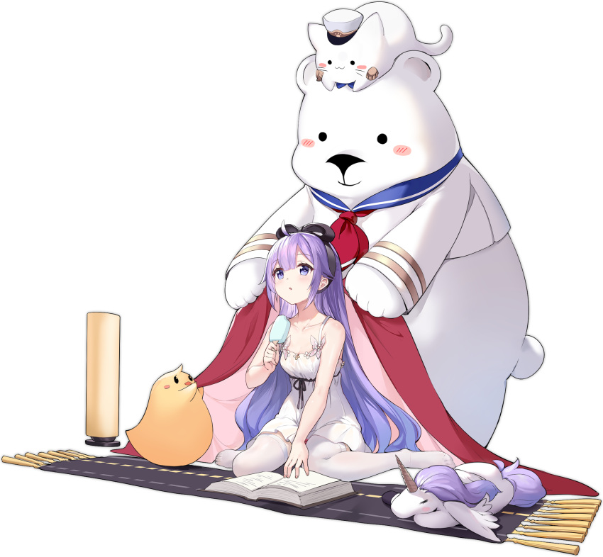 1girl :o artist_request azur_lane bear book food hair_ornament highres ice_cream long_hair manjuu_(azur_lane) official_alternate_costume official_art purple_hair sitting thigh-highs transparent_background unicorn unicorn_(azur_lane) violet_eyes wariza watermark white_legwear