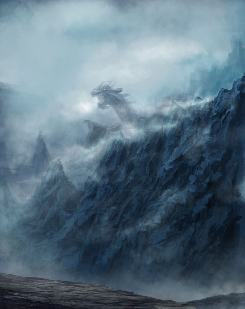 bibitto_(kemushima3) clouds cloudy_sky commentary_request dragon fog highres monster mountain mountaintop no_humans original outdoors scenery sky