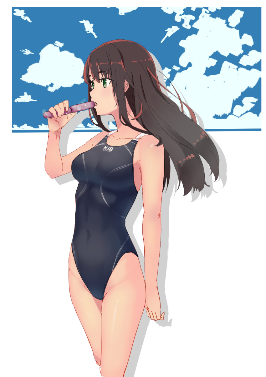 1girl black_eyes black_hair black_swimsuit breasts competition_swimsuit covered_navel cowboy_shot highres long_hair looking_to_the_side medium_breasts one-piece_swimsuit open_mouth original sametogoreijou solo standing swimsuit tupet