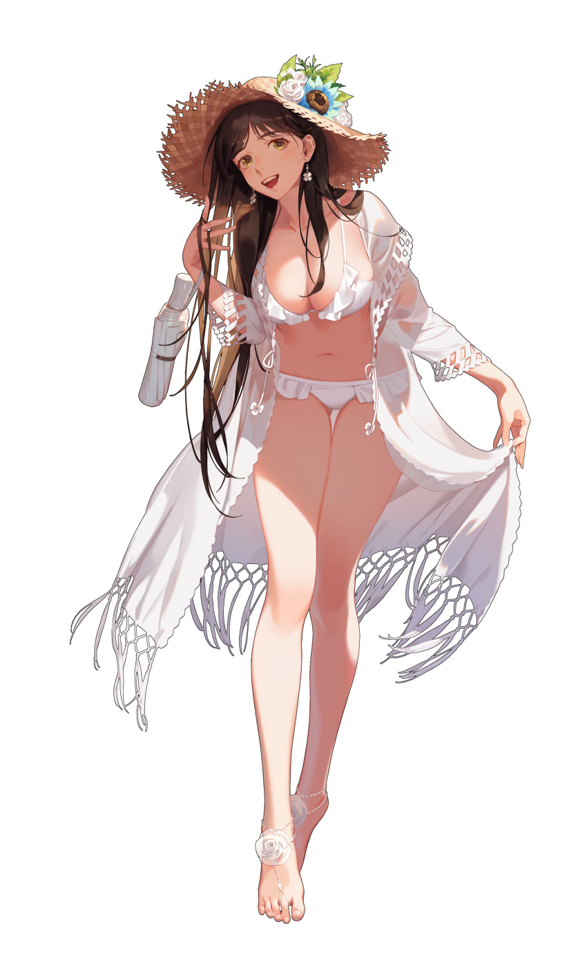 1girl :d absurdres bangs barefoot bikini black_survival blush breasts brown_hair collarbone earrings flower full_body gweon_sua hat hat_flower highres holding holding_clothes jewelry large_breasts leaf legs lips long_hair looking_at_viewer navel official_alternate_costume official_art open_clothes open_mouth shadow smile solo standing stomach straw_hat sunlight swimsuit toenails transparent_background umbrella upper_teeth white_bikini white_footwear white_umbrella yamakawa