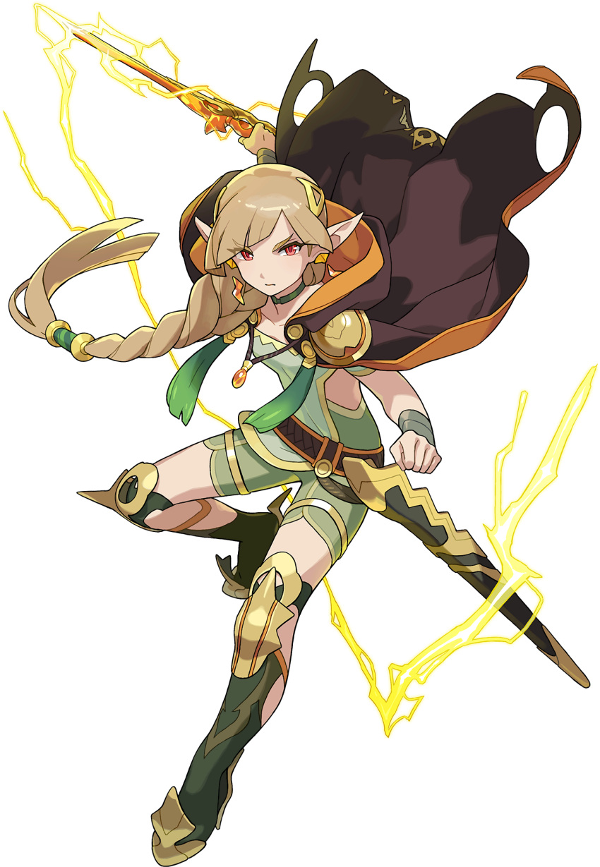 1girl arm_up armor artist_request bangs belt blonde_hair blush braid braided_ponytail breasts brown_cape cape choker clenched_hand closed_mouth clothing_cutout collarbone earrings eleanor_(world_flipper) electricity eyebrows_visible_through_hair full_body gem gold gold_trim green_choker green_legwear green_shirt green_shorts hair_ornament half-closed_eyes hand_up highres holding holding_sword holding_weapon hood hood_down hooded_cape jewelry knee_pads kneehighs leg_up light_blush lightning_bolt_symbol long_hair looking_at_viewer necklace non-web_source official_art outstretched_arm pointy_ears red_eyes sheath shiny shiny_hair shirt shoes short_sleeves shorts shoulder_armor single_braid skin_tight small_breasts solo standing standing_on_one_leg sweatband sword thighlet tied_hair transparent_background two-sided_cape two-sided_fabric v-shaped_eyebrows weapon world_flipper yellow_footwear