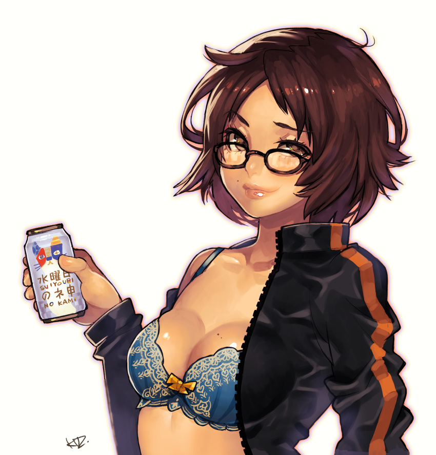 1girl absurdres bangs black-framed_eyewear black_jacket blue_bra bra breasts brown_eyes brown_hair can glasses highres holding holding_can jacket kuzuno_ha lips long_sleeves medium_breasts mole mole_above_mouth mole_on_breast off_shoulder original short_hair signature simple_background solo underwear upper_body white_background