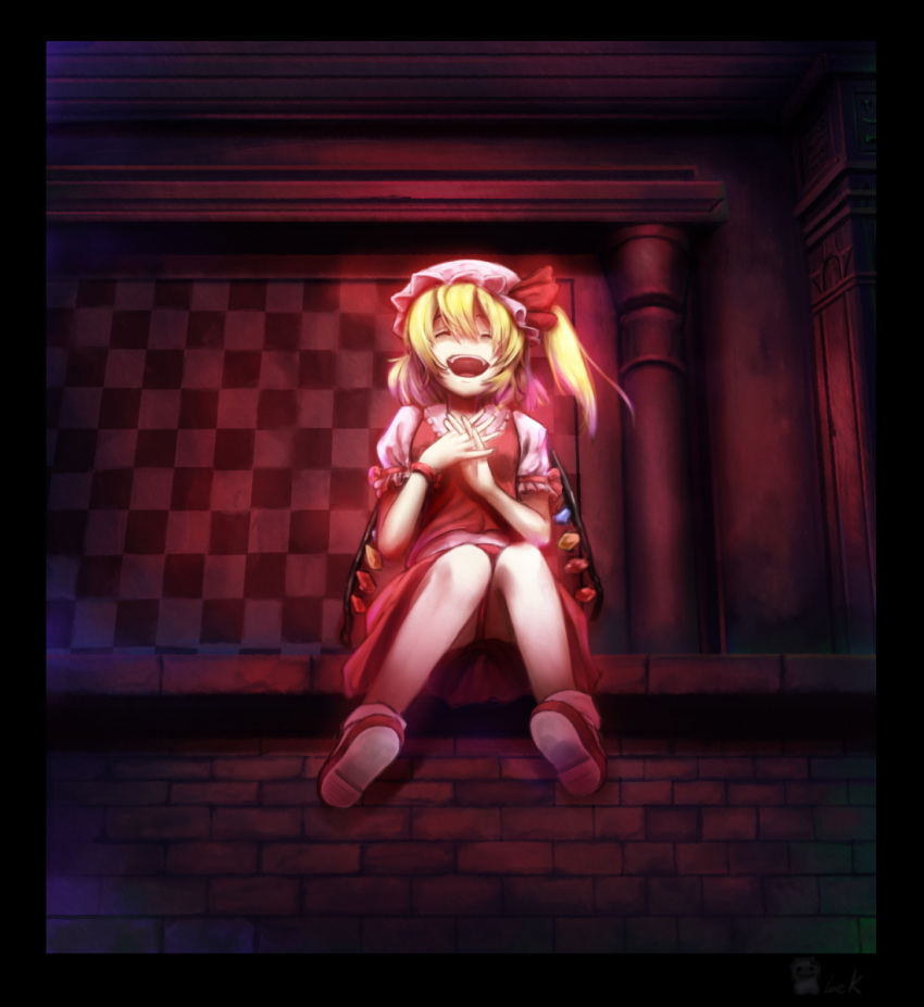 1girl ^_^ bangs bibitto_(kemushima3) black_border blonde_hair border checkered_wall closed_eyes commentary_request crystal flandre_scarlet frilled_shirt_collar frilled_sleeves frills full_body hair_between_eyes hat hat_ribbon highres interlocked_fingers laughing mob_cap one_side_up open_mouth own_hands_together puffy_short_sleeves puffy_sleeves red_footwear red_ribbon red_skirt red_vest ribbon shirt shoes short_hair short_sleeves sitting skirt smile socks solo touhou vest white_legwear white_shirt wings