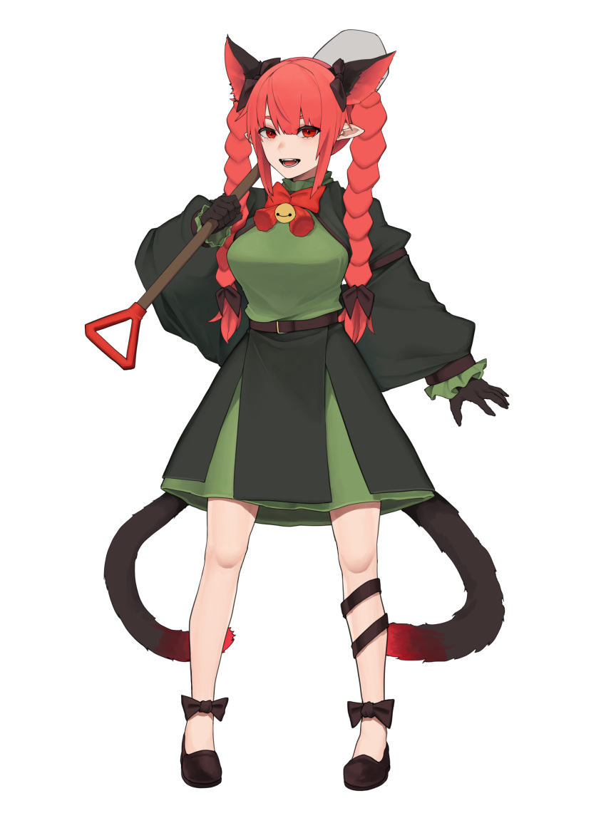 1girl :d absurdres animal_ear_fluff animal_ears bobby36446329 braid breasts cat_ears cat_tail dress extra_ears full_body green_dress highres holding holding_shovel kaenbyou_rin large_breasts long_hair multiple_tails nekomata open_mouth pointy_ears red_eyes redhead shovel simple_background smile solo tail touhou twin_braids two_tails very_long_hair white_background