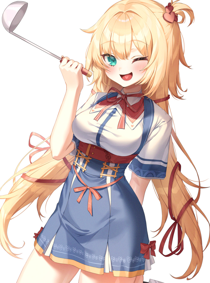 1girl ;d absurdres akai_haato bangs blonde_hair blue_eyes blush breasts cowboy_shot eyebrows_visible_through_hair green_eyes hair_ornament hair_ribbon hand_up heart heart_hair_ornament heart_in_mouth high-waist_skirt highres holding holding_ladle hololive huge_filesize ladle long_hair looking_at_viewer medium_breasts neck_ribbon one_eye_closed one_side_up open_mouth red_neckwear red_ribbon ribbon shirt short_sleeves skirt smile solo standing very_long_hair virtual_youtuber white_background white_shirt xiho_(suna)