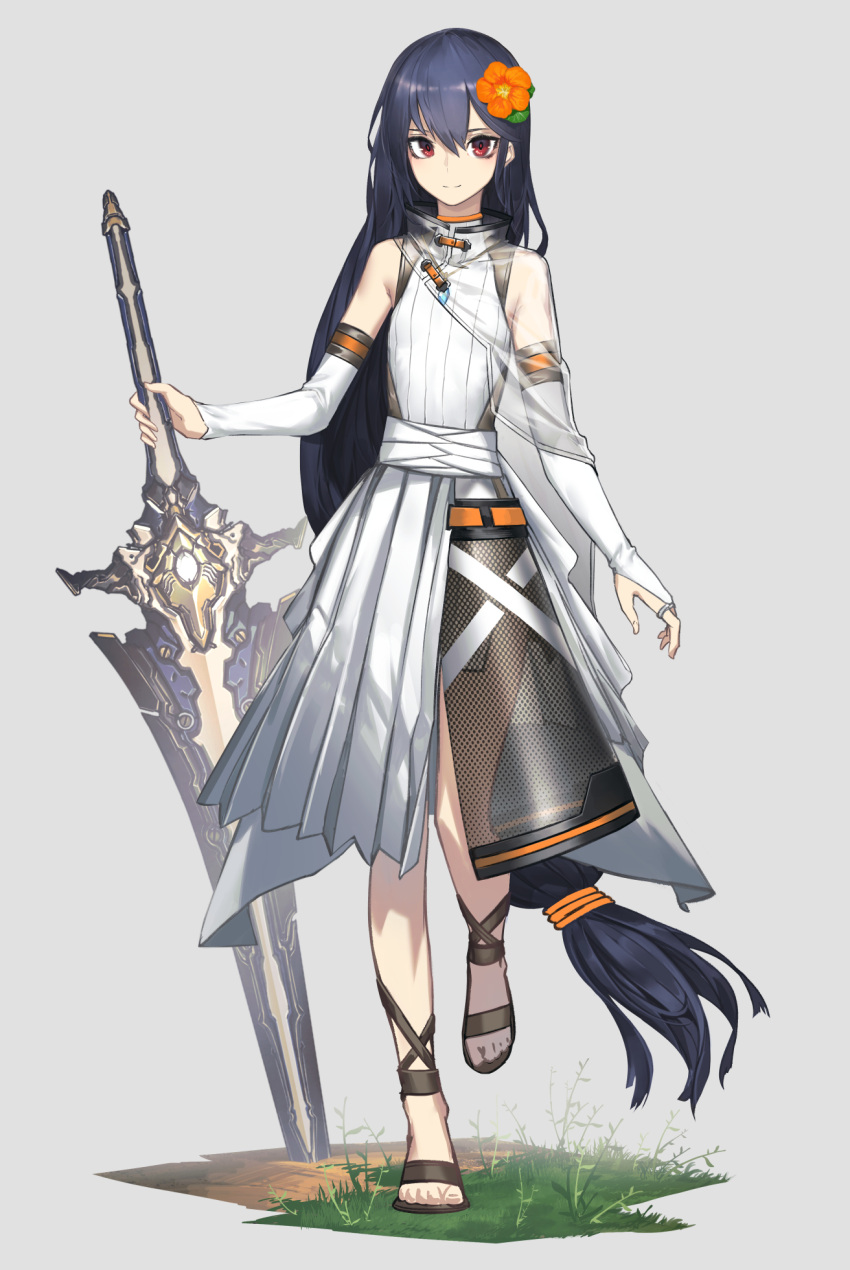 1girl bangs bare_shoulders black_footwear black_hair bridal_gauntlets closed_mouth copyright_request fixro2n flower full_body grey_background hair_between_eyes hair_flower hair_ornament highres holding holding_sword holding_weapon long_hair looking_at_viewer official_art orange_flower planted_sword planted_weapon pleated_skirt red_eyes sandals see-through shirt skirt sleeveless sleeveless_shirt smile solo standing standing_on_one_leg sword very_long_hair weapon white_shirt white_skirt