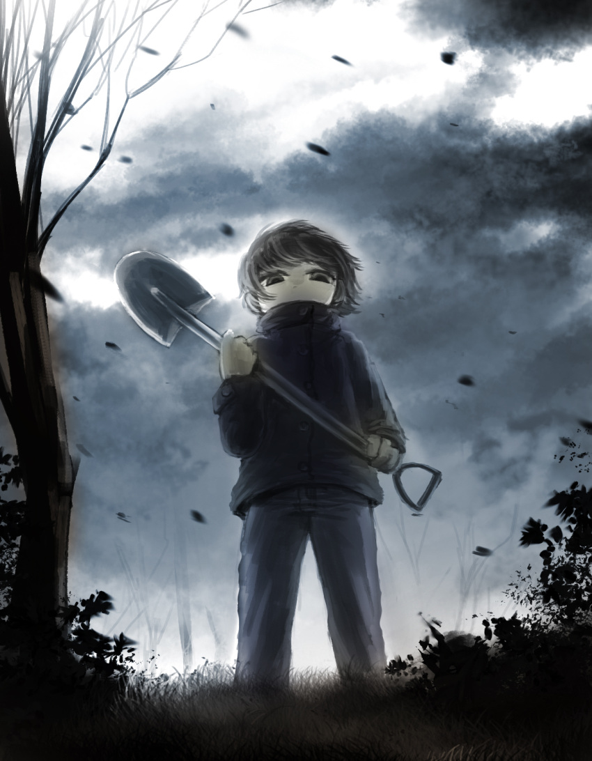 1boy bangs bibitto_(kemushima3) black_eyes black_hair black_jacket blue_pants buttons child commentary full_body grass highres holding holding_shovel jacket long_sleeves looking_at_viewer looking_down male_focus original outdoors pants short_hair shovel solo tree wind