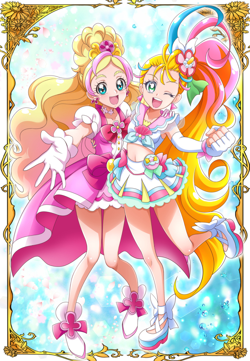 2girls :d ;d blonde_hair blue_eyes breasts card_(medium) collarbone crop_top cure_flora cure_summer elbow_gloves fingerless_gloves floating_hair gloves go!_princess_precure gradient_hair grey_eyes hand_on_another's_shoulder hanzou haruno_haruka highres long_hair looking_at_viewer midriff miniskirt multicolored_hair multiple_girls natsuumi_manatsu navel one_eye_closed open_mouth pink_hair pink_sailor_collar pink_skirt pleated_skirt precure sailor_collar shiny shiny_hair short_sleeves side_ponytail skirt small_breasts smile standing standing_on_one_leg stomach tied_hair tropical-rouge!_precure two-tone_hair very_long_hair white_footwear white_gloves white_skirt