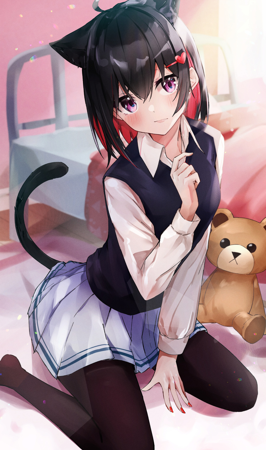 1girl absurdres ahoge animal_ears bangs bed black_hair black_legwear black_vest blush cat_ears cat_girl cat_tail collared_shirt colored_inner_hair commentary_request fingernails hair_ornament hand_up heart heart_hair_ornament highres indoors long_sleeves looking_at_viewer miniskirt multicolored_hair nanashinayuzu_mochi no_shoes original pantyhose pink_eyes pleated_skirt red_nails redhead shirt short_hair sitting skirt solo stuffed_animal stuffed_toy tail tail_raised teddy_bear thigh-highs twintails vest white_shirt white_skirt
