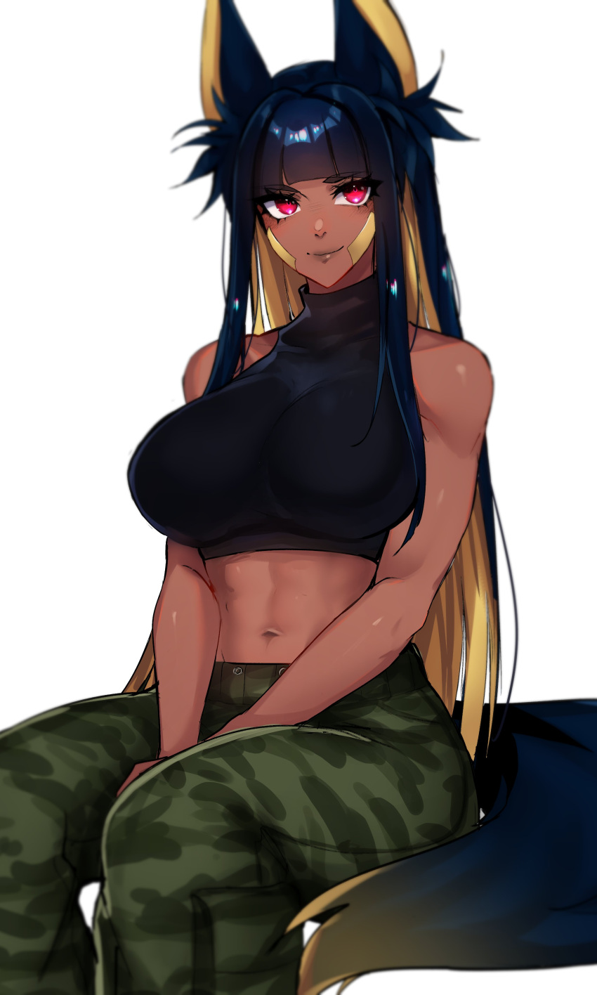 1girl abs absurdres animal_ears anput_(nsfwolf) bandaid bandaid_on_cheek bangs black_hair black_shirt blonde_hair blunt_bangs blunt_ends breasts camouflage camouflage_pants colored_inner_hair crop_top dark-skinned_female dark_skin english_commentary green_pants grey_lips highres jackal_ears large_breasts long_hair looking_at_viewer multicolored_hair navel nsfwolf original pants red_eyes shirt sitting sleeveless sleeveless_turtleneck smile solo tail toned turtleneck two-tone_hair v_arms white_background