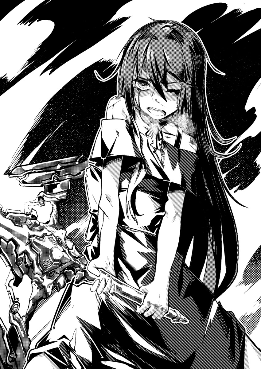 1girl bare_shoulders blood bloody_tears collarbone copyright_request dress fixro2n greyscale heavy_breathing highres holding holding_sword holding_weapon long_hair monochrome off-shoulder_dress off_shoulder official_art one_eye_closed open_mouth solo sword two-handed upper_teeth very_long_hair weapon