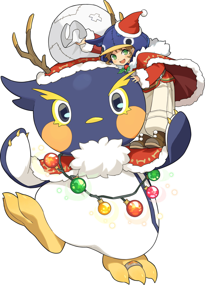 1boy animal_hood arm_up artist_request aureo_(world_flipper) bangs bauble belt berurun_(world_flipper) bird black_eyes blush blush_stickers boots brown_footwear brown_hair cape capelet christmas christmas_lights claws closed_mouth fake_antlers full_body fur-trimmed_cape fur-trimmed_capelet fur-trimmed_headwear fur-trimmed_sleeves fur_collar fur_trim green_eyes hand_on_another's_head hand_up hands_up happy hat head_tilt highres holding holding_sack holly hood hood_up jewelry leaning_forward leg_up light_blush long_sleeves looking_at_viewer looking_to_the_side male_focus non-web_source official_art on_shoulder open_mouth pants patches penguin penguin_hood pom_pom_(clothes) red_cape red_capelet red_headwear red_shirt sack santa_hat shirt short_hair sidelocks smile standing standing_on_one_leg stitches straight-on toe_ring transparent_background world_flipper