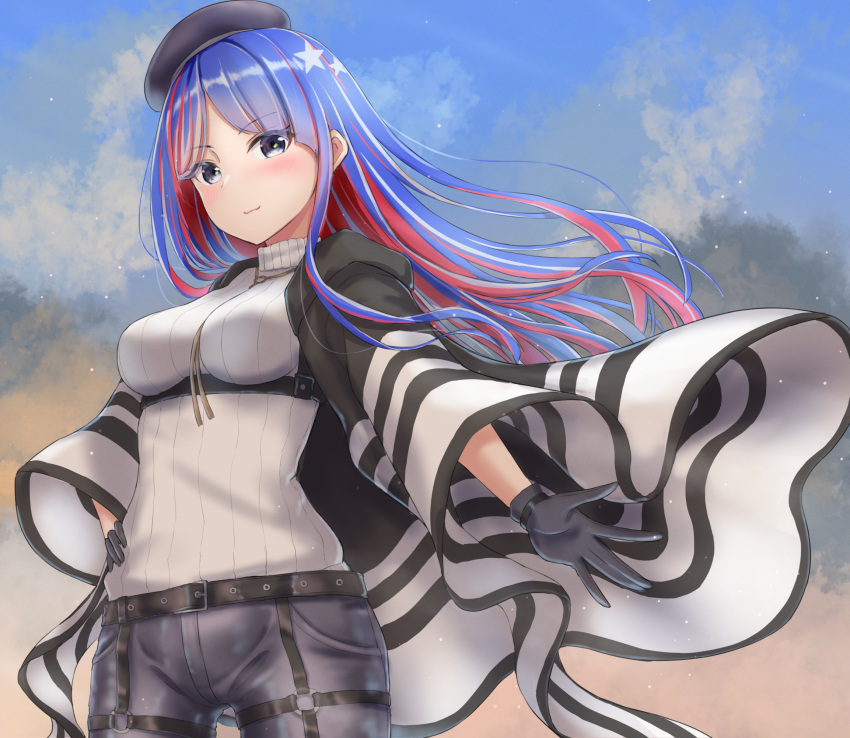 &gt;:) 1girl bangs beret black_gloves black_headwear black_jacket black_pants blue_eyes blue_hair blue_sky breasts closed_mouth clouds cloudy_sky commentary_request eyebrows_visible_through_hair floating_hair gloves hat highres jacket kantai_collection long_hair long_sleeves medium_breasts monoku multicolored_hair o-ring open_clothes open_jacket outdoors pants parted_bangs redhead ribbed_sweater sky solo south_dakota_(kancolle) streaked_hair sunset sweater turtleneck turtleneck_sweater v-shaped_eyebrows very_long_hair white_sweater wide_sleeves