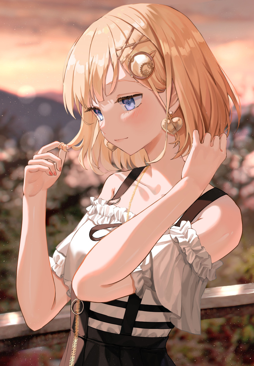 1girl absurdres bangs bare_shoulders black_ribbon black_skirt blonde_hair blue_eyes blurry blurry_background blush collarbone depth_of_field earrings frilled_sleeves frills hair_ornament hairclip hand_in_hair heart heart_earrings high-waist_skirt highres hololive hololive_english jewelry light_particles looking_away nail_polish necklace off-shoulder_shirt off_shoulder official_alternate_costume red_nails ribbon shirt short_hair short_sleeves skirt solo ueng upper_body virtual_youtuber watson_amelia white_shirt zipper zipper_pull_tab zipper_skirt
