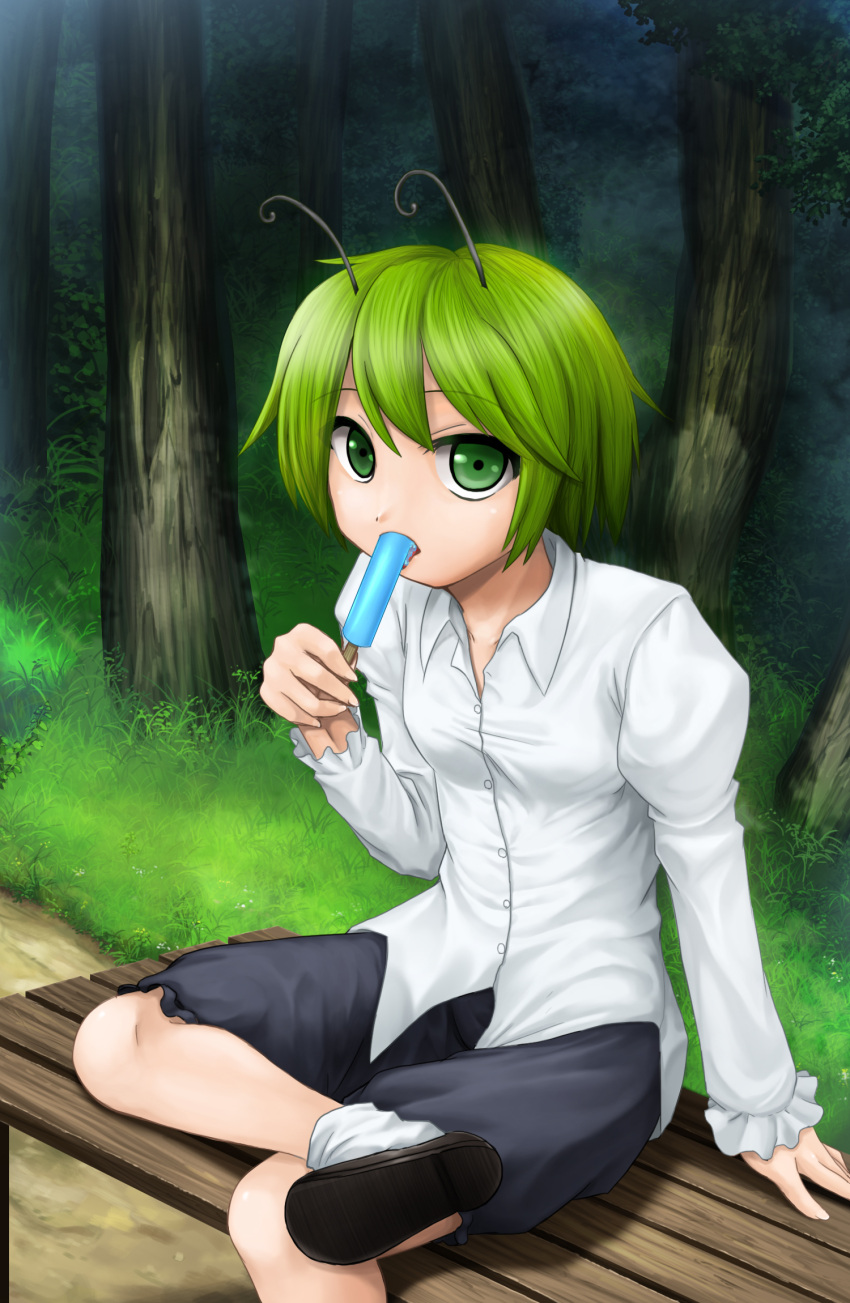 1girl antennae bangs bench bibitto_(kemushima3) black_footwear black_shorts breasts collared_shirt commentary_request day eating eyebrows_visible_through_hair food foot_out_of_frame forest green_eyes green_hair hair_between_eyes highres leg_up long_sleeves looking_at_viewer nature open_mouth outdoors popsicle shirt shoes short_hair shorts sitting small_breasts socks solo touhou tree white_legwear white_shirt wriggle_nightbug