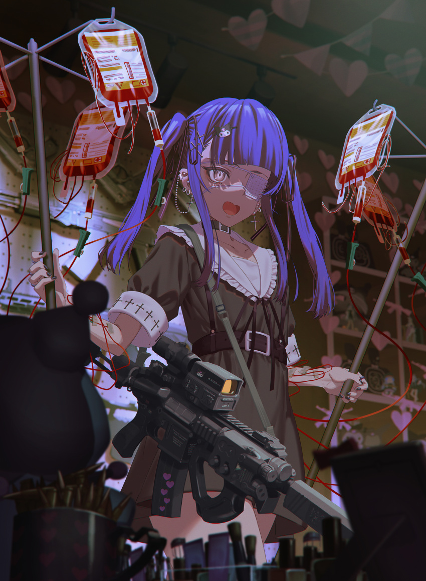1girl absurdres black_dress black_nails blood blood_bag blue_hair blurry blurry_background character_hair_ornament commentary_request cross cross_earrings cross_hair_ornament depth_of_field dress ear_piercing earrings eyepatch frilled_sailor_collar frills grey_eyes gun hair_ornament highres hironii_(hirofactory) indoors jewelry kuromi long_hair looking_at_viewer medical_eyepatch nail_polish open_mouth original piercing puffy_short_sleeves puffy_sleeves sailor_collar sailor_dress sanrio short_sleeves solo twintails weapon weapon_request white_sailor_collar