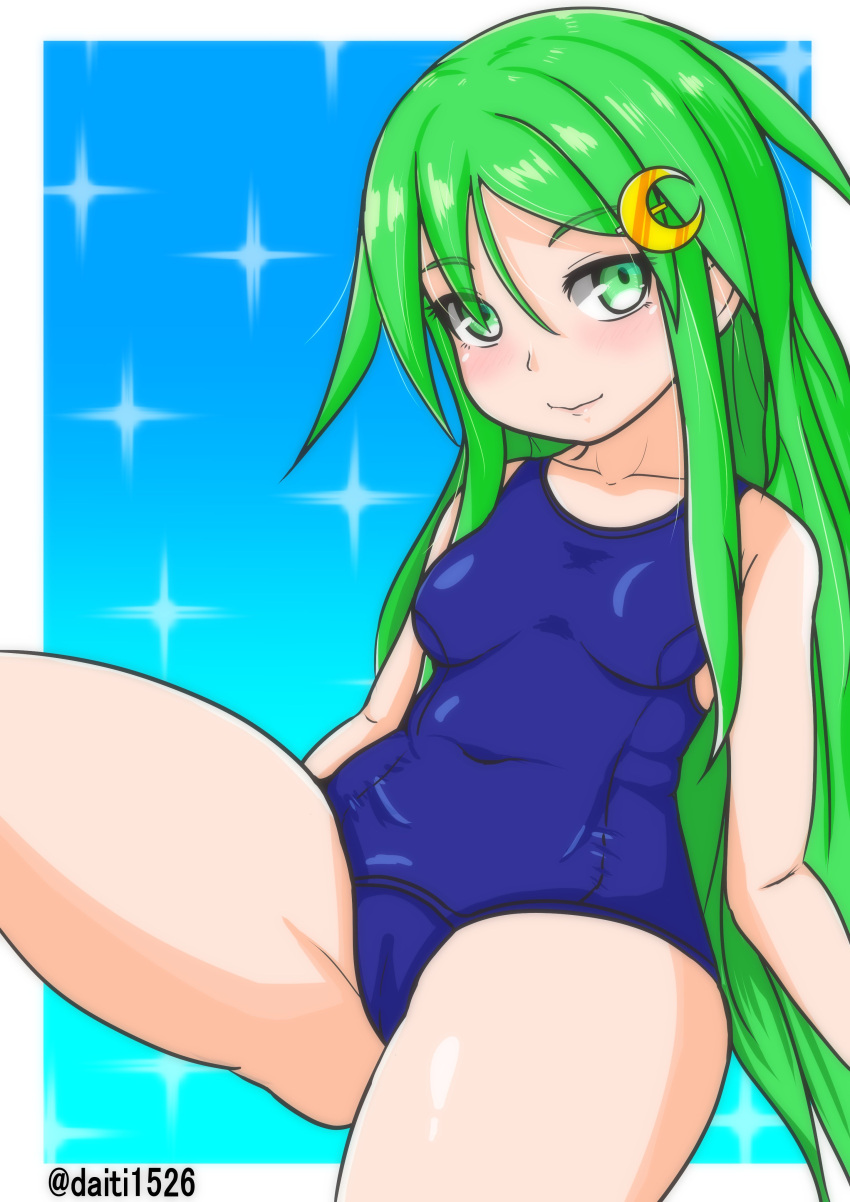 1girl absurdres blue_background blue_swimsuit border cowboy_shot crescent crescent_hair_ornament daichi_(daiti1318) gradient gradient_background green_eyes green_hair hair_ornament highres kantai_collection long_hair nagatsuki_(kancolle) school_swimsuit sitting solo sparkle swimsuit twitter_username white_border