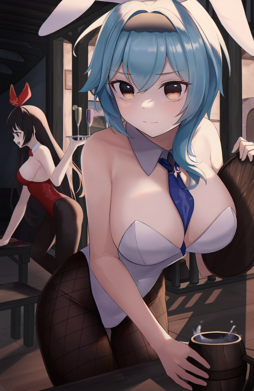 2girls absurdres amber_(genshin_impact) animal_ears bangs bare_shoulders between_breasts black_hair blue_hair blue_neckwear blush breasts brown_eyes brown_legwear cup eula_lawrence eyebrows_visible_through_hair g_home genshin_impact hair_between_eyes hairband highres holding holding_cup holding_tray huge_filesize large_breasts leotard long_hair looking_at_viewer multiple_girls necktie necktie_between_breasts pantyhose playboy_bunny rabbit_ears red_leotard solo strapless strapless_leotard tray white_leotard