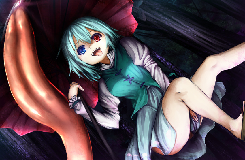 1girl bangs bibitto_(kemushima3) blue_eyes blue_hair blue_skirt blue_vest breasts commentary_request foot_out_of_frame forest geta heterochromia holding holding_umbrella juliet_sleeves karakasa_obake long_sleeves looking_at_viewer medium_breasts nature open_mouth puffy_sleeves red_eyes shirt short_hair skirt solo tatara_kogasa tongue tongue_out touhou tree umbrella vest white_shirt