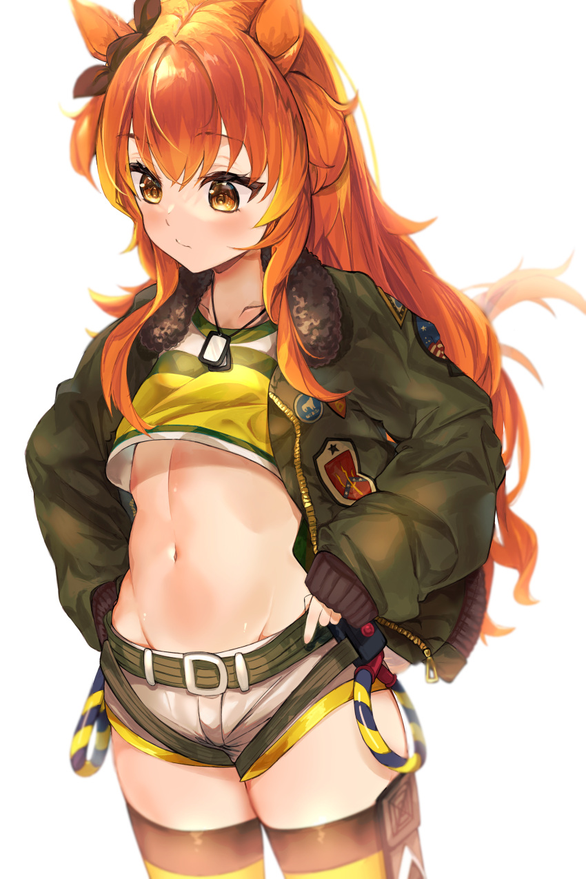1girl aa_(16rrr16) absurdres animal_ears bangs black_ribbon blush brown_eyes brown_hair brown_legwear collarbone commentary_request cowboy_shot crop_top dog_tags ear_ribbon eyebrows_visible_through_hair green_jacket hands_on_hips highres horse_ears horse_girl horse_tail jacket long_hair long_sleeves looking_away mayano_top_gun_(umamusume) navel open_clothes open_jacket ribbon short_shorts shorts sleeves_past_wrists solo stomach tail thigh-highs twintails two_side_up umamusume white_background white_shorts