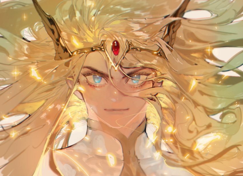 1boy blonde_hair blue_eyes closed_mouth commentary diadem english_commentary floating_hair forehead_jewel genderswap genderswap_(ftm) long_hair looking_at_viewer male_focus pigeon666 she-ra she-ra_and_the_princesses_of_power smile solo
