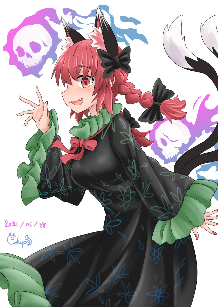 1girl :3 :d animal_ears black_bow black_dress bow bowtie braid cat_ears cat_tail chups cowboy_shot dated dress extra_ears fang frilled_sleeves frills from_side hair_bow highres hitodama kaenbyou_rin long_sleeves medium_hair multiple_tails nekomata open_mouth red_bow red_eyes red_nails red_neckwear redhead side_braids signature simple_background smile solo standing tail touhou twin_braids two_tails white_background wide_sleeves