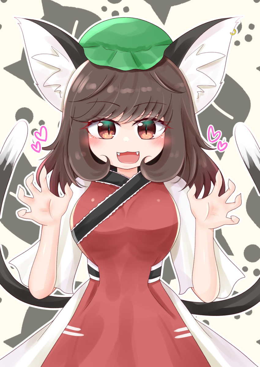 1girl :d absurdres animal_ear_fluff animal_ears bangs blush breasts brown_eyes brown_hair cat_ears cat_tail chen claw_pose cowboy_shot dress eyebrows_visible_through_hair fangs grey_background hansoku_tantei_satori hat highres jewelry large_breasts medium_hair mob_cap multiple_tails nekomata open_mouth oppai_loli outline red_dress riru_neko simple_background single_earring slit_pupils smile solo tabard tail touhou two_tails white_outline