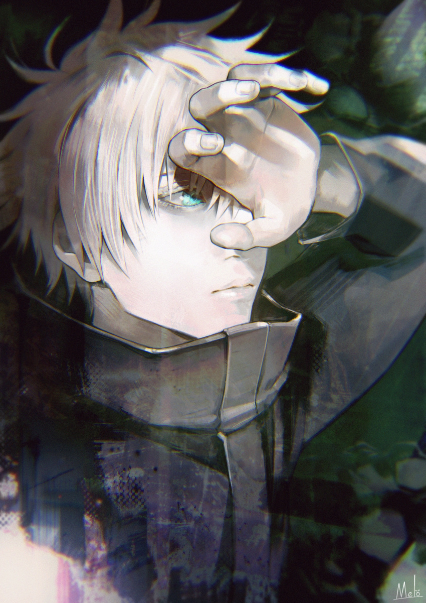 1boy absurdres arm_up artist_name bangs black_jacket blue_eyes closed_mouth gojou_satoru green_background hand_over_eye high_collar highres jacket jujutsu_kaisen kyuuba_melo long_sleeves looking_away male_focus one_eye_covered open_hand short_hair solo upper_body white_hair