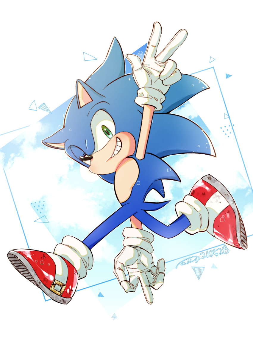 1boy absurdres arm_up furry gloves green_eyes grin half-closed_eye hedgehog_boy highres male_focus ok_sign relly_ho shoes smile sneakers solo sonic_(series) sonic_the_hedgehog w white_gloves