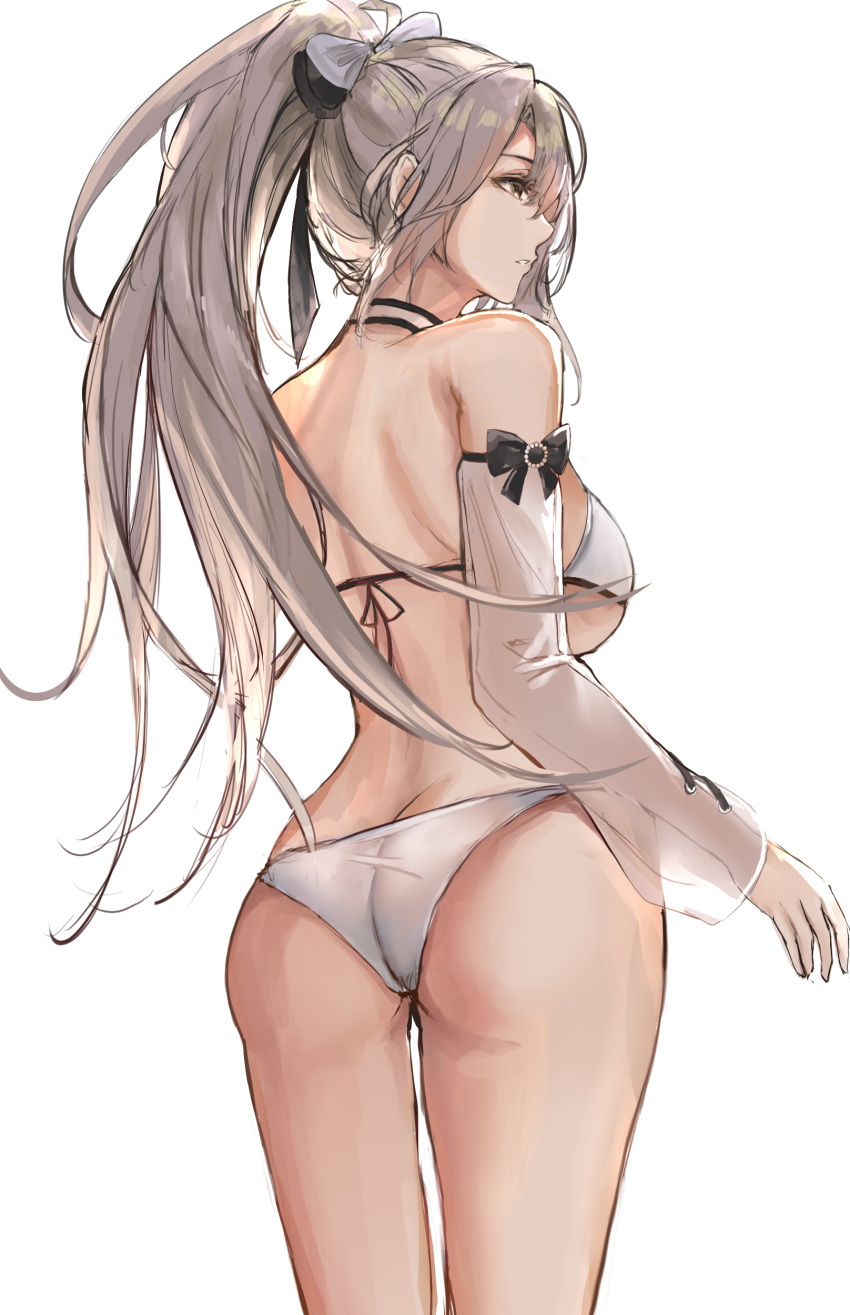 1girl absurdres ass azur_lane bangs bare_shoulders bikini breasts cowboy_shot detached_sleeves drake_(azur_lane) drake_(the_golden_hind's_respite)_(azur_lane) from_behind hair_ornament highres large_breasts liaowen long_hair long_sleeves official_alternate_costume parted_lips ponytail silver_hair simple_background solo standing swimsuit thighs under_boob white_background white_bikini