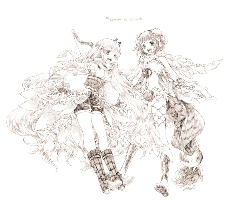 2girls bangle bangs belt boots bow bow_(weapon) bracelet bun_cover character_name commentary_request detached_sleeves double_bun eyebrows_visible_through_hair feathered_wings full_body greyscale jewelry long_hair looking_at_viewer monochrome multiple_girls open_mouth ragnarok_online ranger_(ragnarok_online) short_hair shorts simple_background smile tokio_(okt0w0) very_long_hair wanderer_(ragnarok_online) weapon wings