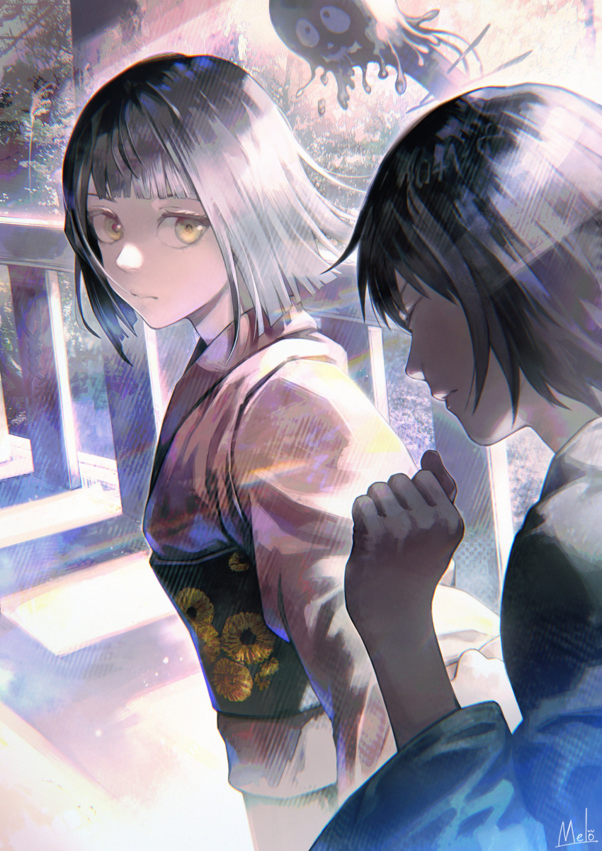2girls absurdres artist_name bangs black_hair blunt_bangs closed_eyes closed_mouth day highres japanese_clothes jujutsu_kaisen kimono kyuuba_melo long_sleeves looking_at_another monster multiple_girls obi profile red_kimono sash short_hair siblings sisters upper_body wide_sleeves yellow_eyes younger zen'in_mai zen'in_maki