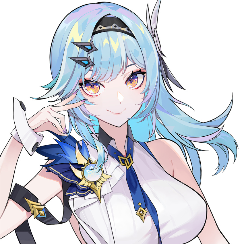 1girl bare_shoulders blue_hair blue_neckwear breasts eula_lawrence genshin_impact hairband highres large_breasts looking_at_viewer medium_hair nail_polish necktie shirt sleeveless sleeveless_shirt smile solo transparent_background upper_body xdcstc yellow_eyes