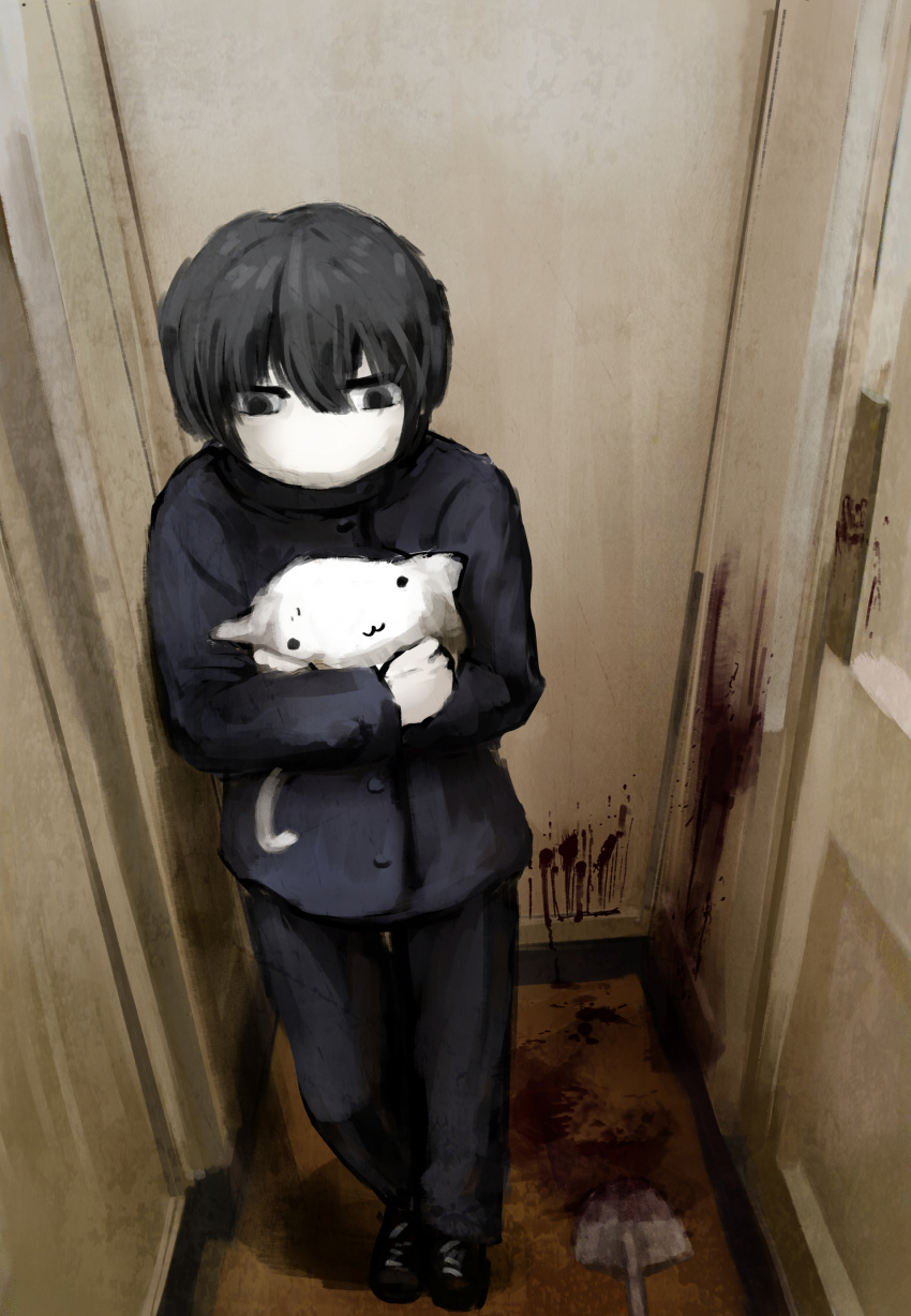 1boy :3 absurdres bangs bibitto_(kemushima3) black_eyes black_footwear black_hair black_jacket black_pants blood blood_stain buttons colored_skin commentary_request door full_body hair_between_eyes highres holding_creature jacket male_focus no_mouth original pants shoes short_hair shovel solo white_skin