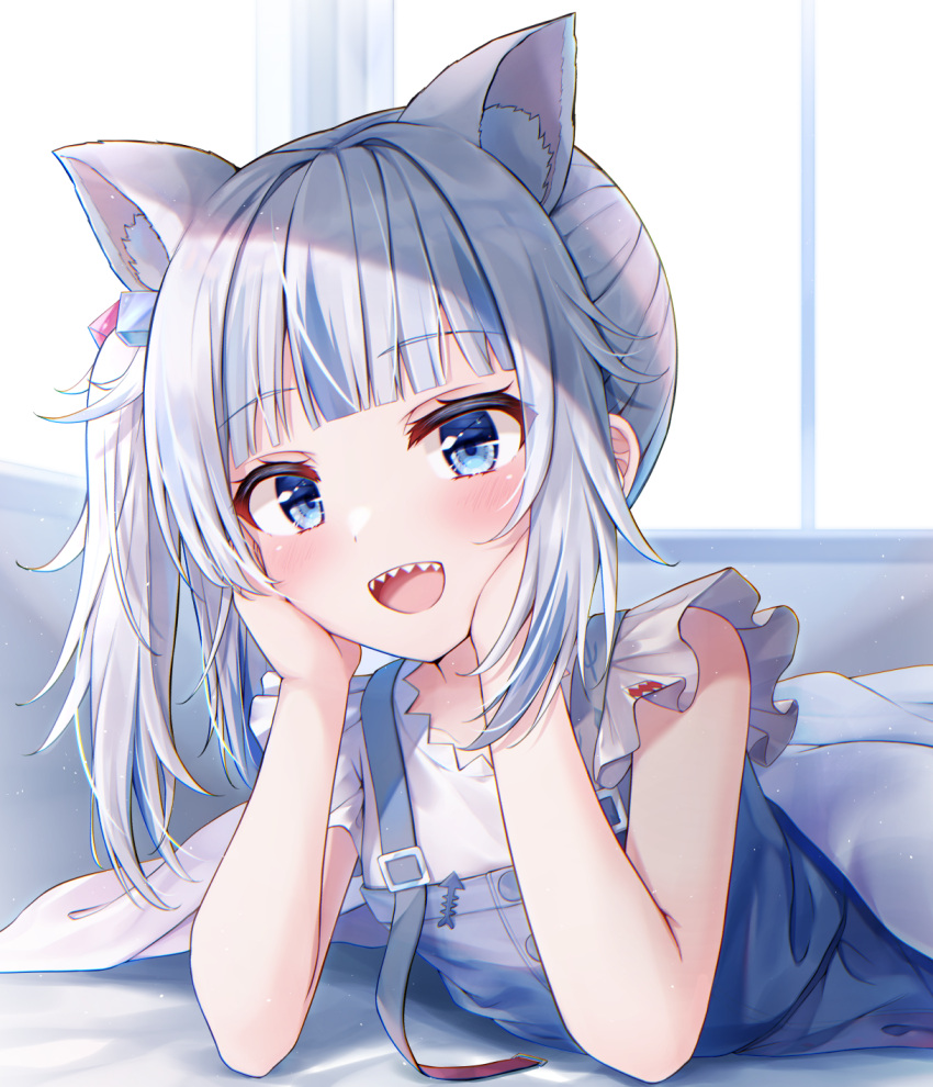1girl :d animal_ear_fluff animal_ears bangs blue_dress blue_eyes blue_hair blunt_bangs blush cat_ears commentary_request dress eyebrows_visible_through_hair gawr_gura hands_on_own_cheeks hands_on_own_face head_rest highres hololive indoors long_hair looking_at_viewer lying multicolored_hair on_stomach open_mouth sharp_teeth shishou_(doragyurosu) side_ponytail smile solo streaked_hair teeth under_covers virtual_youtuber white_hair window