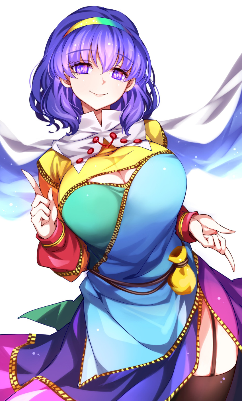 1girl absurdres blue_eyes blue_hair cape dress hairband highres long_sleeves multicolored multicolored_clothes multicolored_dress multicolored_hairband rainbow_gradient raptor7 short_hair solo tenkyuu_chimata touhou unconnected_marketeers white_cape